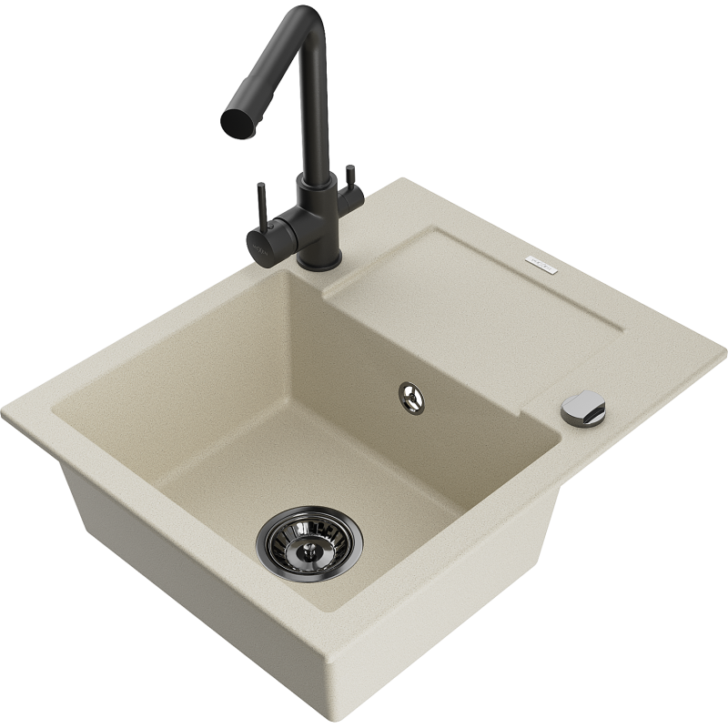 Mexen Enzo Granitspüle 1-Becken mit Abtropffläche und Küchenarmatur Duero, beige - 6506-69-671600-70