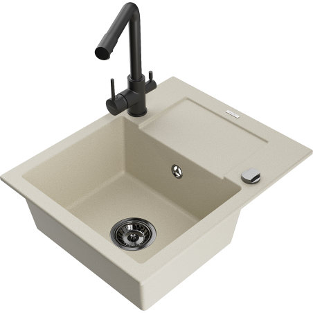 Mexen Enzo Granitspüle 1-Becken mit Abtropffläche und Küchenarmatur Duero, beige - 6506-69-671600-70