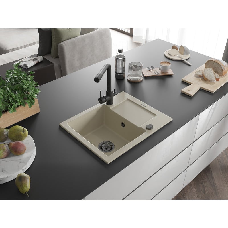 Mexen Enzo Granitspüle 1-Becken mit Abtropffläche und Küchenarmatur Duero, beige - 6506-69-671600-70