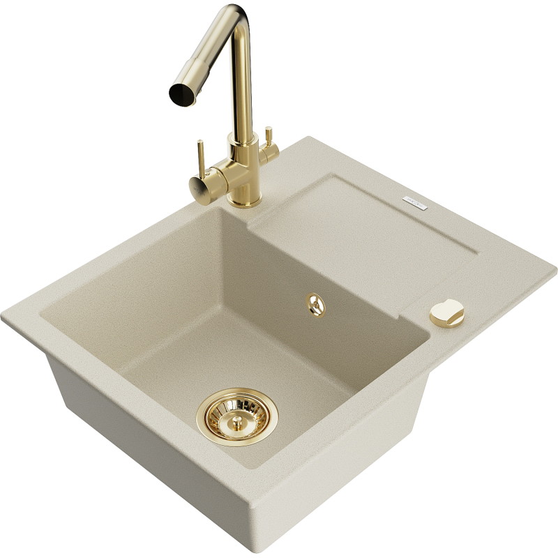 Mexen Enzo Granitspüle 1-Becken mit Abtropffläche und Küchenarmatur Duero, beige - 6506-69-671600-50
