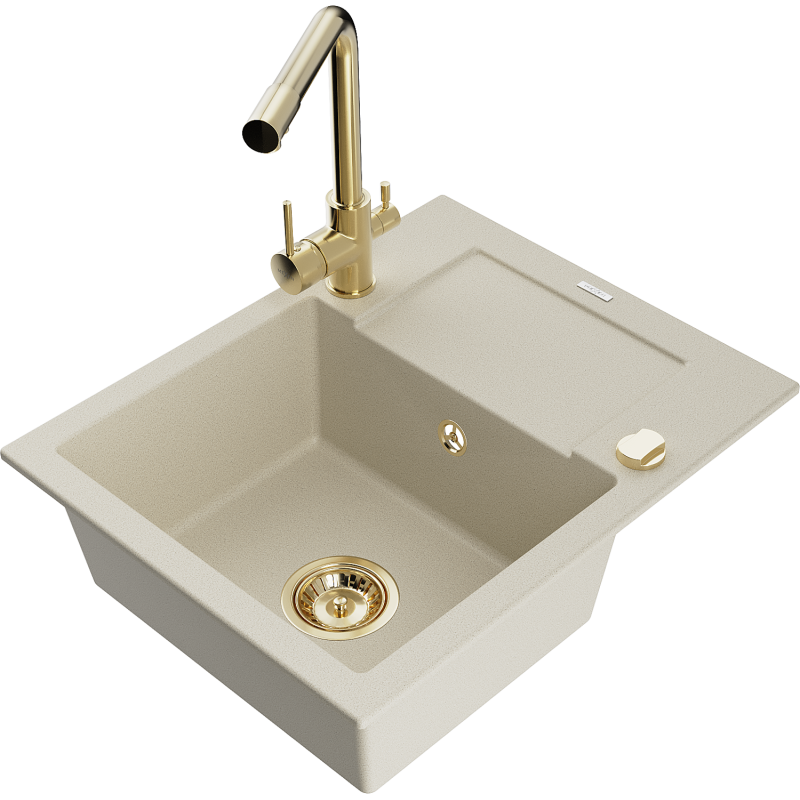 Mexen Enzo Granitspüle 1-beckig mit Abtropffläche und Küchenarmatur Duero, beige - 6506-69-671600-50