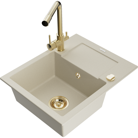 Mexen Enzo Granitspüle 1-Becken mit Abtropffläche und Küchenarmatur Duero, beige - 6506-69-671600-50