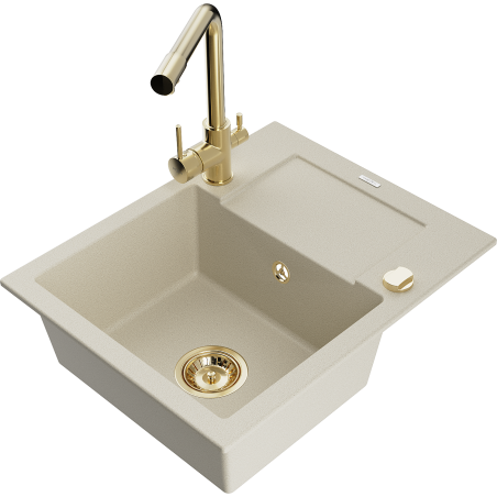 Mexen Enzo Granitspüle 1-beckig mit Abtropffläche und Küchenarmatur Duero, beige - 6506-69-671600-50