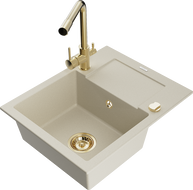 Mexen Enzo Granitspüle 1-beckig mit Abtropffläche und Küchenarmatur Duero, beige - 6506-69-671600-50