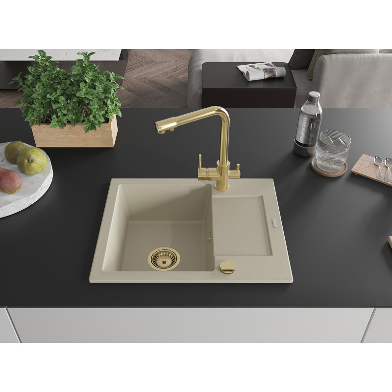 Mexen Enzo Granitspüle 1-Becken mit Abtropffläche und Küchenarmatur Duero, beige - 6506-69-671600-50