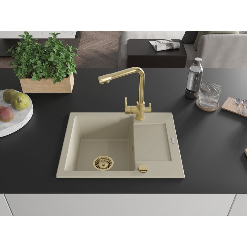 Mexen Enzo Granitspüle 1-beckig mit Abtropffläche und Küchenarmatur Duero, beige - 6506-69-671600-50