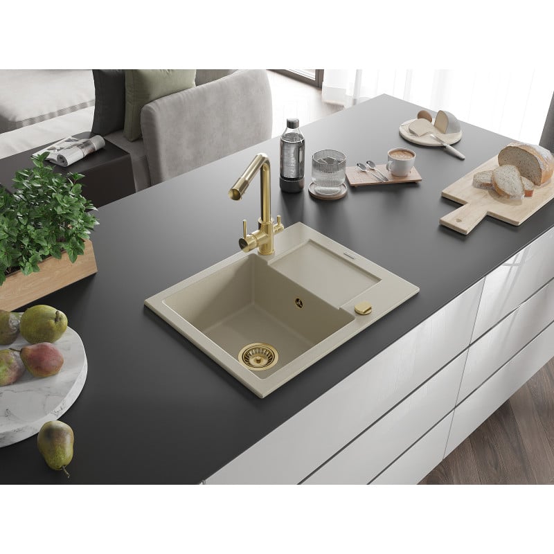 Mexen Enzo Granitspüle 1-beckig mit Abtropffläche und Küchenarmatur Duero, beige - 6506-69-671600-50