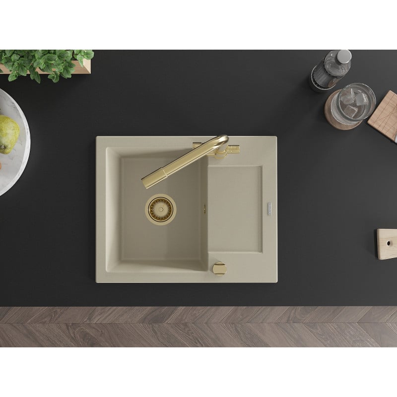 Mexen Enzo Granitspüle 1-beckig mit Abtropffläche und Küchenarmatur Duero, beige - 6506-69-671600-50