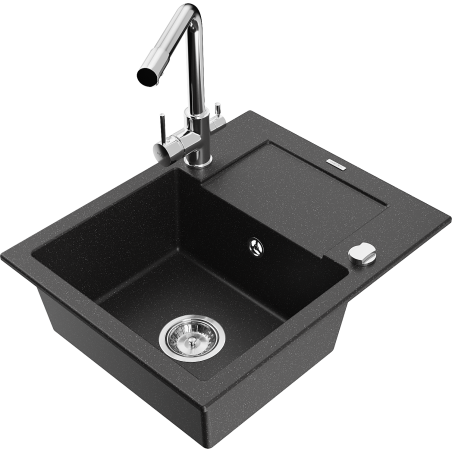 Mexen Enzo Granit-Spüle 1-Becken mit Abtropffläche und Küchenarmatur Duero, schwarz/silber metallic - 6506-73-671600-00