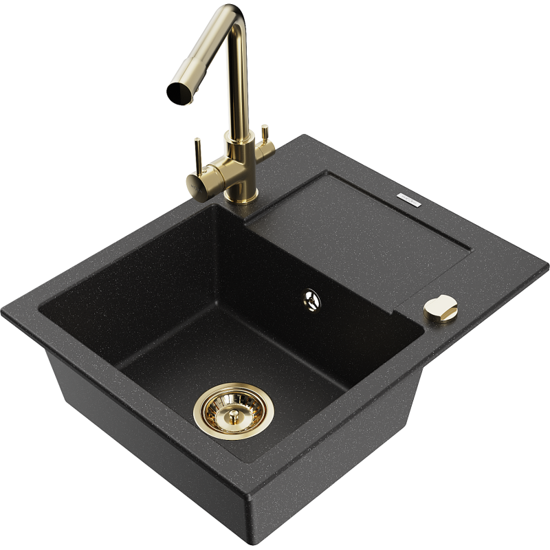 Mexen Enzo Granitspüle 1-Becken mit Abtropffläche und Küchenarmatur Duero, schwarz/silber metallic - 6506-73-671600-50