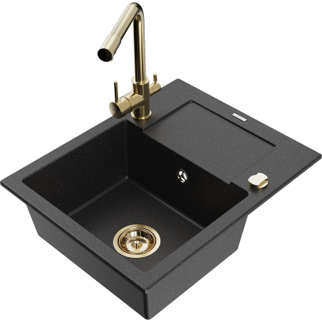 Mexen Enzo Granitspüle 1-Becken mit Abtropffläche und Küchenarmatur Duero, schwarz/silber metallic - 6506-73-671600-50