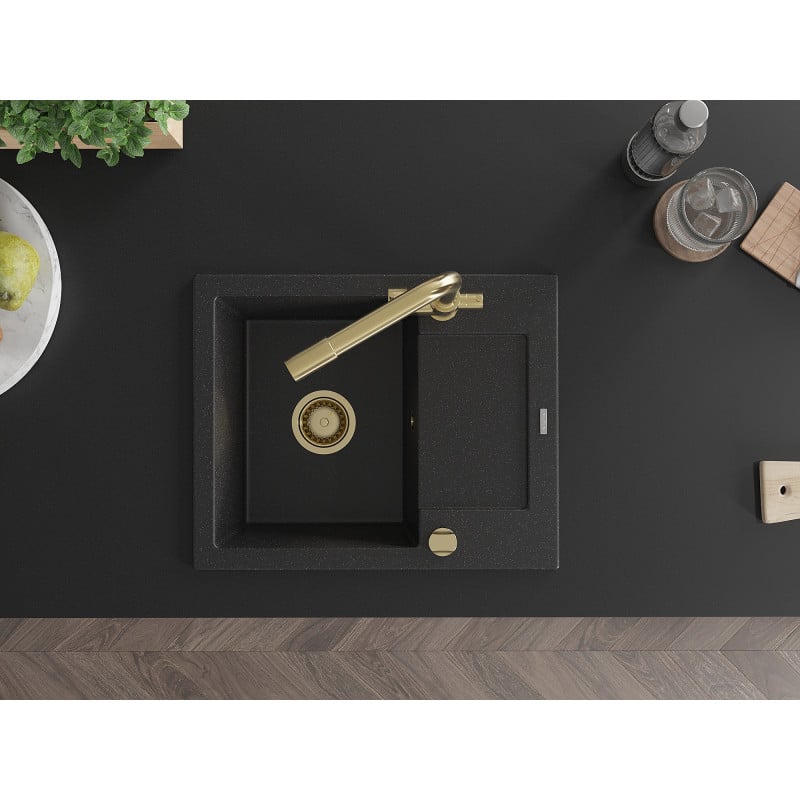 Mexen Enzo Granitspüle 1-Becken mit Abtropffläche und Küchenarmatur Duero, schwarz/silber metallic - 6506-73-671600-50