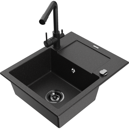 Mexen Enzo Granitspüle 1-beckig mit Abtropffläche und Küchenarmatur Duero, schwarz/silber metallic - 6506-73-671600-70-B