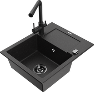 Mexen Enzo Granitspüle 1-beckig mit Abtropffläche und Küchenarmatur Duero, schwarz/silber metallic - 6506-73-671600-70-B