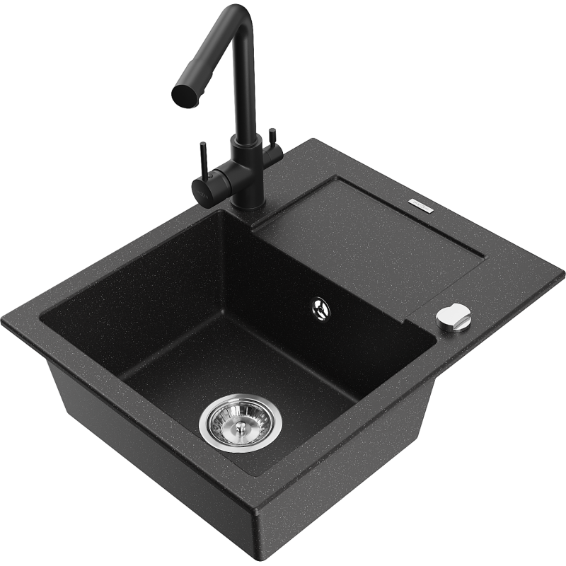 Mexen Enzo Granitspüle 1-beckig mit Abtropffläche und Küchenarmatur Duero, schwarz/silber metallic - 6506-73-671600-70