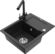 Mexen Enzo Granitspüle 1-beckig mit Abtropffläche und Küchenarmatur Duero, schwarz/silber metallic - 6506-73-671600-70