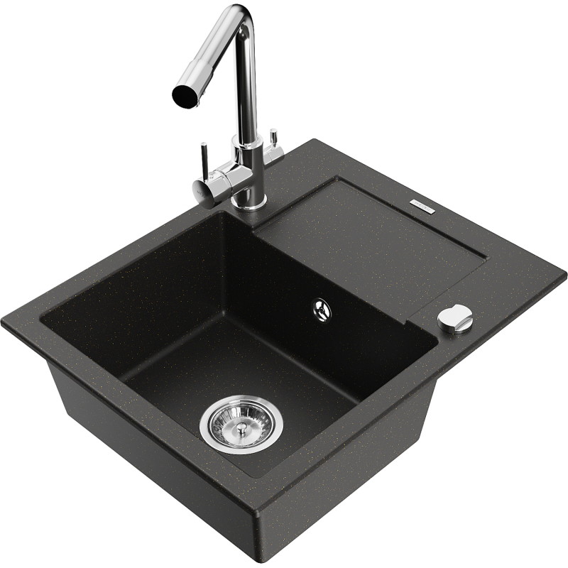 Mexen Enzo Granitspüle 1-becken mit Abtropffläche und Küchenarmatur Duero, schwarz/goldener Metallic - 6506-75-671600-00