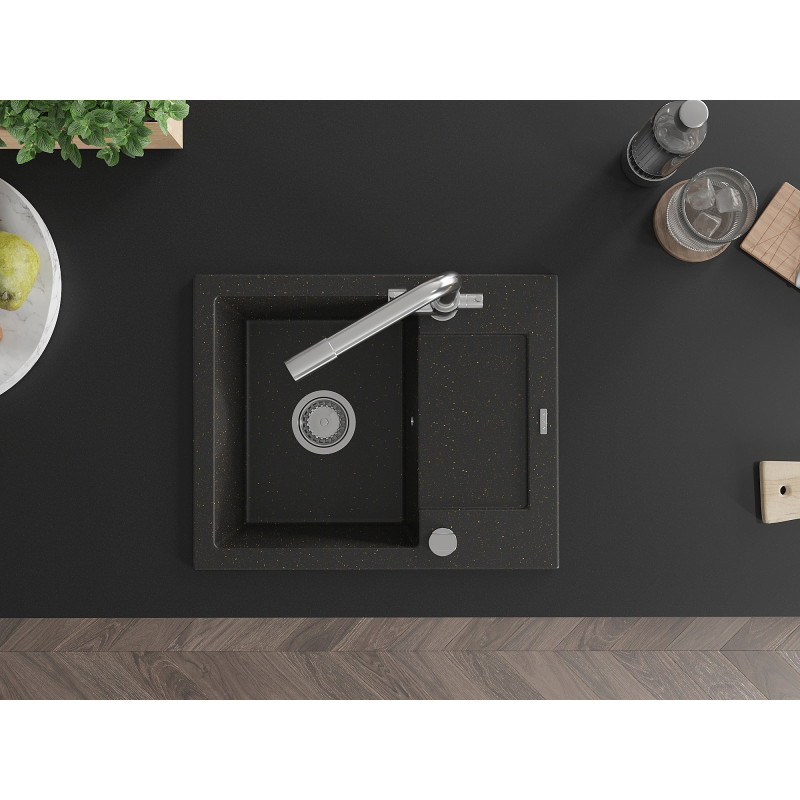 Mexen Enzo Granitspüle 1-beckig mit Abtropffläche und Küchenarmatur Duero, schwarz/goldener Metallic - 6506-75-671600-00