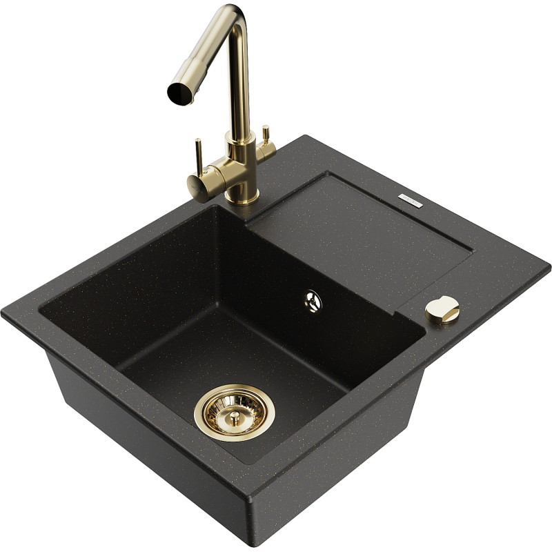 Mexen Enzo Granitspüle mit 1 Becken, Abtropffläche und Küchenarmatur Duero, schwarz/goldfarben metallic - 6506-75-671600-50