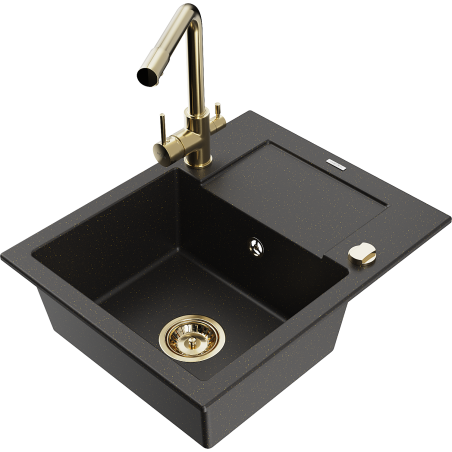 Mexen Enzo Granitspüle mit 1 Becken, Abtropffläche und Küchenarmatur Duero, schwarz/goldfarben metallic - 6506-75-671600-50