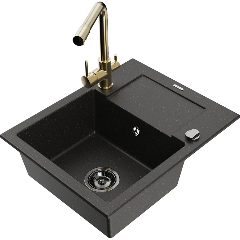 Mexen Enzo Granitspüle 1-becken mit Abtropffläche und Küchenarmatur Duero, schwarz/gold metallic - 6506-75-671600-50-B