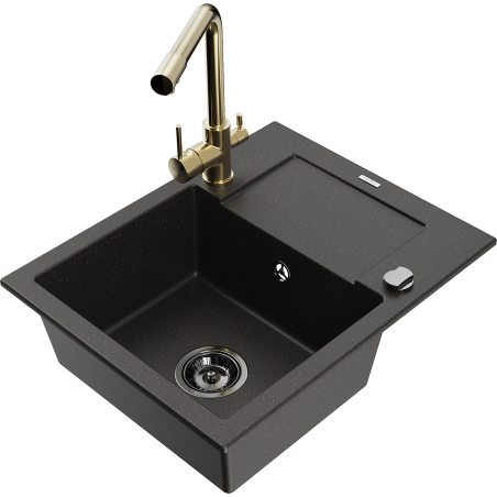 Mexen Enzo Granitspüle 1-becken mit Abtropffläche und Küchenarmatur Duero, schwarz/gold metallic - 6506-75-671600-50-B
