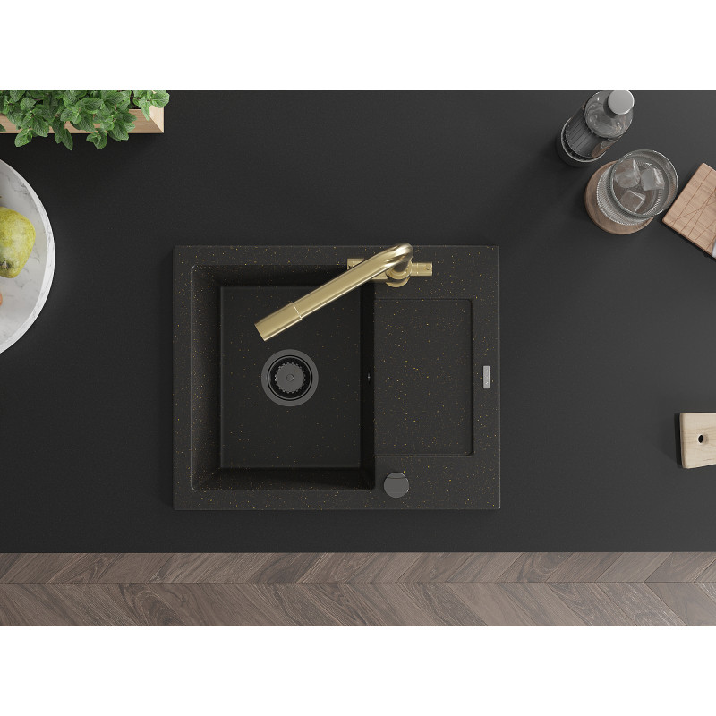 Mexen Enzo Granitspüle 1-beckig mit Abtropffläche und Küchenarmatur Duero, Schwarz/Gold Metallic - 6506-75-671600-50-B