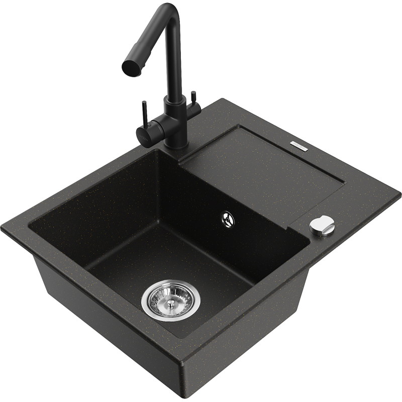Mexen Enzo granitspüle 1-becken mit abtropffläche und küchenarmatur Duero, schwarz/golden metallic - 6506-75-671600-70