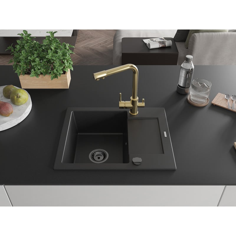 Mexen Enzo 1-Kammer-Graniteinbauspüle mit Tropffläche und Küchenarmatur Duero, schwarz - 6506-77-671600-50-B