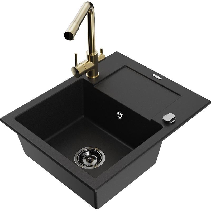 Mexen Enzo 1-Kammer-Graniteinbauspüle mit Tropffläche und Küchenarmatur Duero, schwarz - 6506-77-671600-50-B