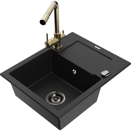 Mexen Enzo 1-Kammer-Graniteinbauspüle mit Tropffläche und Küchenarmatur Duero, schwarz - 6506-77-671600-50-B