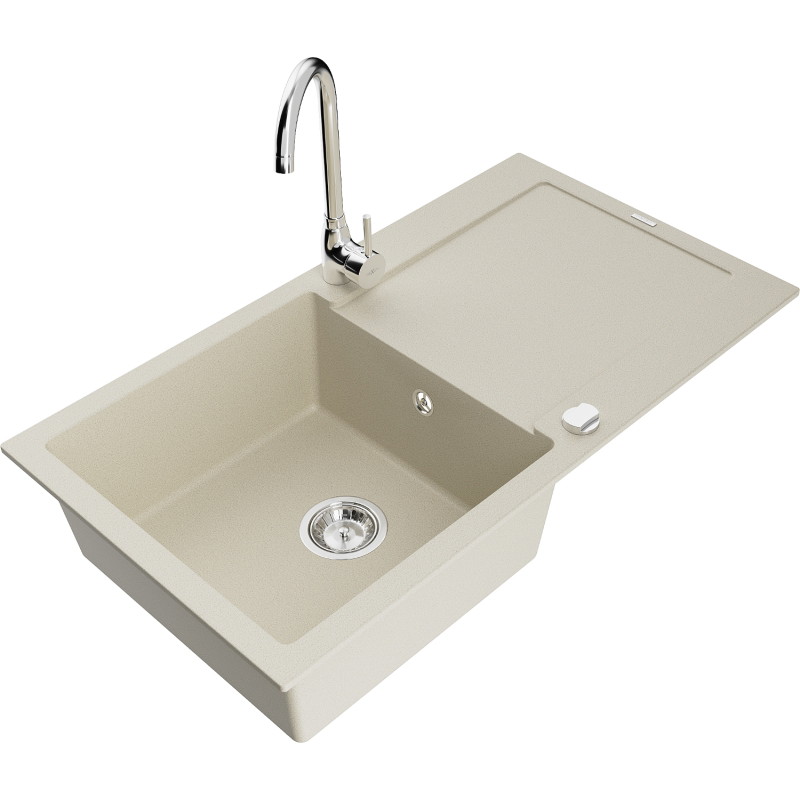 Mexen Leo Granitspüle 1-Becken mit Abtropffläche und Küchenarmatur Telma, beige - 6501-69-670200-00