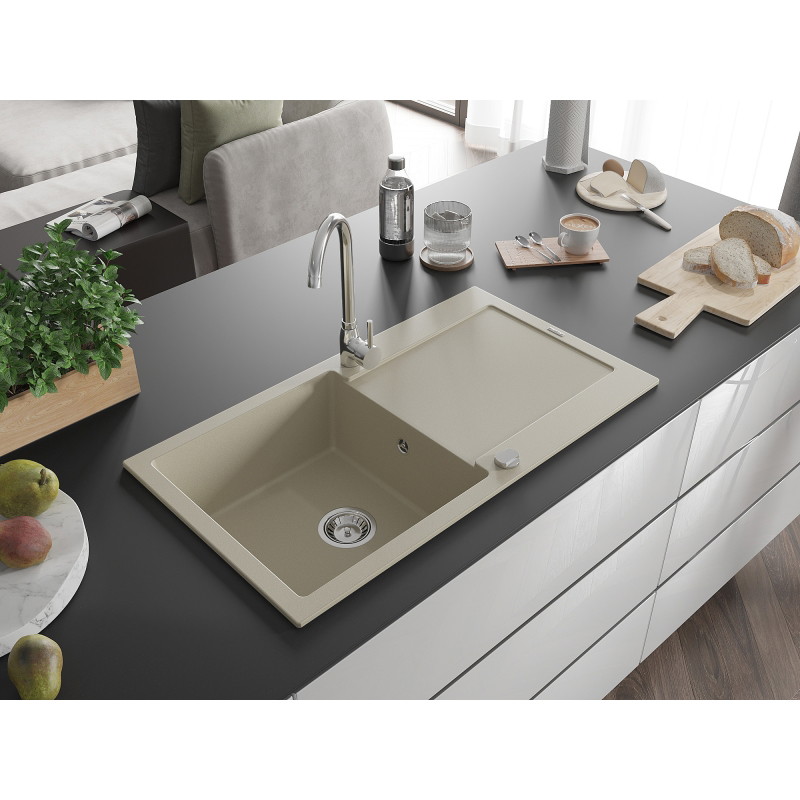 Mexen Leo Granitspüle 1-Becken mit Abtropffläche und Küchenarmatur Telma, beige - 6501-69-670200-00