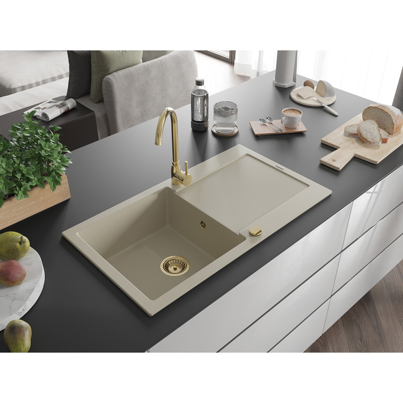 Mexen Leo Granit-Spülbecken 1-Becken mit Abtropffläche und Küchenarmatur Telma, beige - 6501-69-670200-50