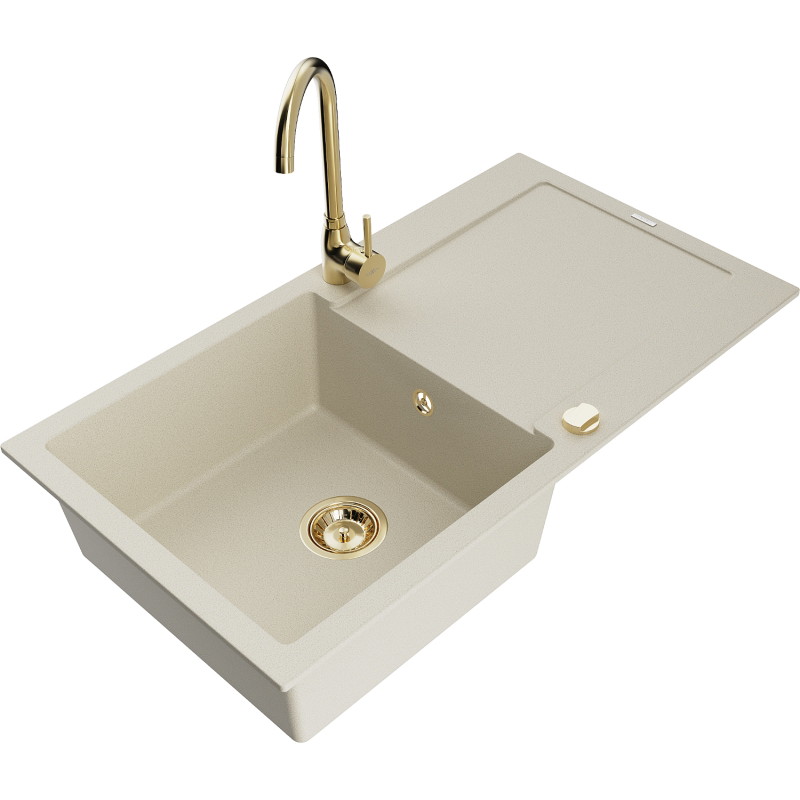 Mexen Leo Einbauspüle aus Granit, 1 Becken mit Abtropffläche und Küchenarmatur Telma, beige - 6501-69-670200-50