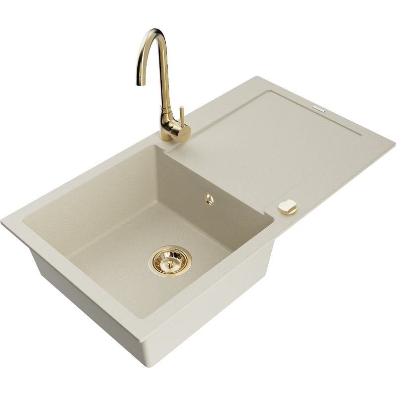 Mexen Leo Granitspüle 1-Becken mit Abtropffläche und Küchenarmatur Telma, beige - 6501-69-670200-50