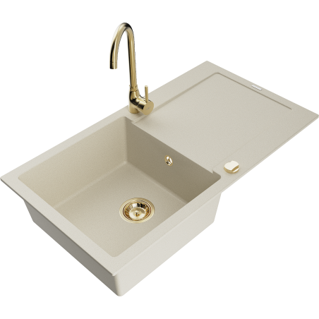Mexen Leo Granit-Spülbecken 1-Becken mit Abtropffläche und Küchenarmatur Telma, beige - 6501-69-670200-50