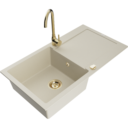 Mexen Leo Granitspüle 1-Becken mit Abtropffläche und Küchenarmatur Telma, beige - 6501-69-670200-50