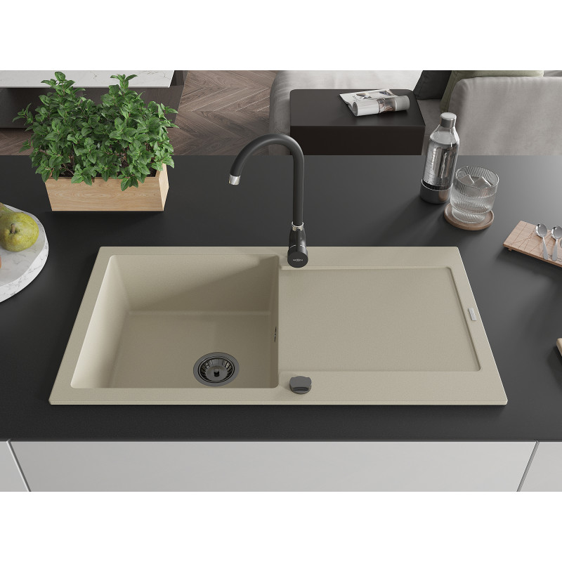 Mexen Leo Granitspüle 1-Becken mit Abtropffläche und Küchenarmatur Telma, beige - 6501-69-670200-70
