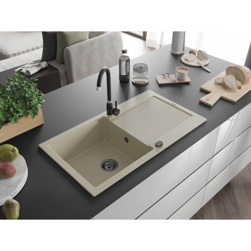 Mexen Leo Granitspüle 1-Becken mit Abtropffläche und Küchenarmatur Telma, beige - 6501-69-670200-70