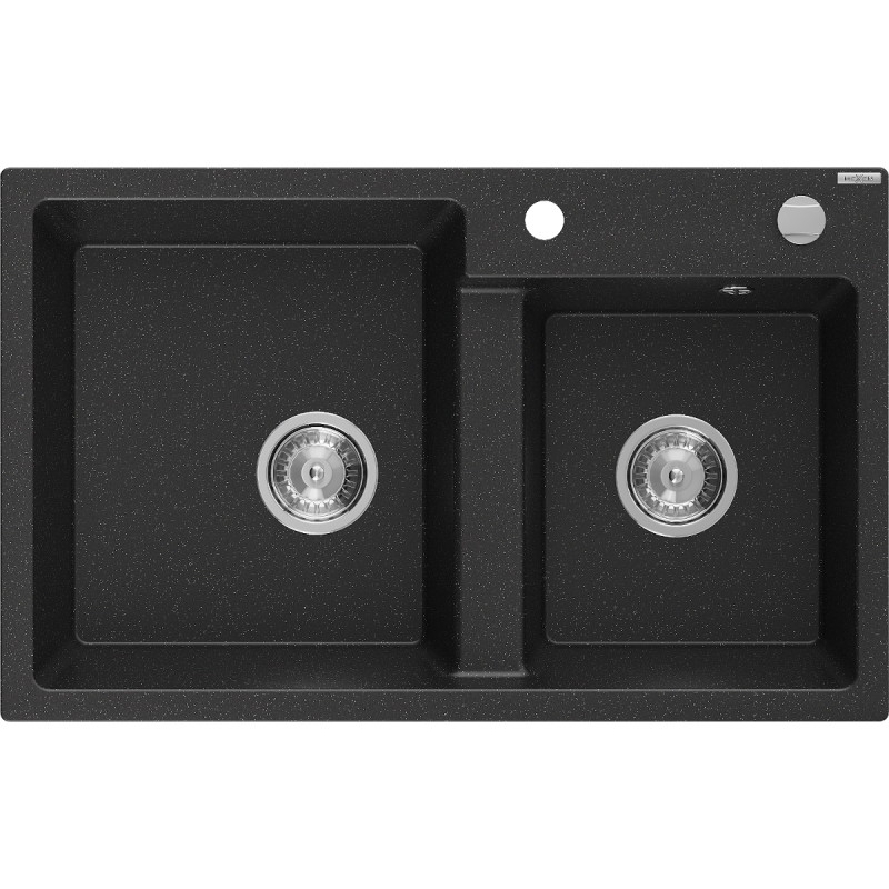 Mexen Tomas Granitspüle, 2 Becken, 800 x 500 mm, schwarz/silber metallic, Siphon chrom - 6516802000-73