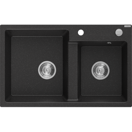 Mexen Tomas Granitspüle 2-Kammer 800 x 500 mm, schwarz/silber metallic, Chrom-Siphon - 6516802000-73