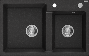 Mexen Tomas Granitspüle 2-Kammer 800 x 500 mm, schwarz/silber metallic, Chrom-Siphon - 6516802000-73