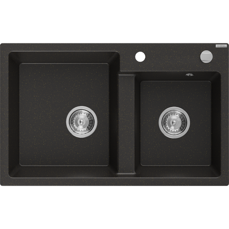 Mexen Tomas Granitspüle 2-Becken 800 x 500 mm, schwarz/gold metallic, Siphon Chrom - 6516802000-75