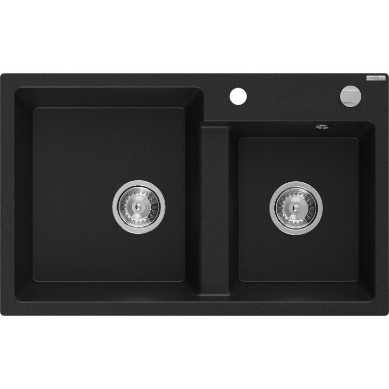 Mexen Tomas Granitspüle 2-Kammer 800 x 500 mm, schwarz, Chrom-Siphon - 6516802000-77
