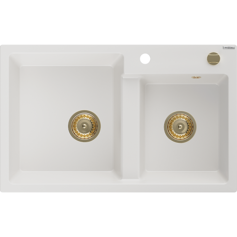 Mexen Tomas Granitspüle 2-Becken 800 x 500 mm, weiß, goldener Siphon - 6516802000-20-G