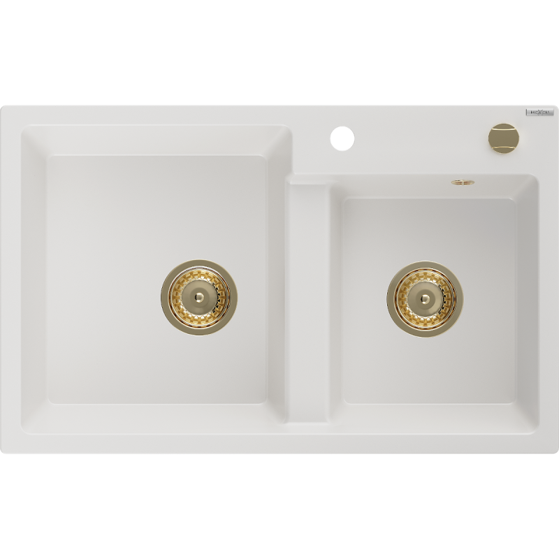 Mexen Tomas Granitspüle 2-Kammer 800 x 500 mm, weiß, Siphon gold - 6516802000-20-G