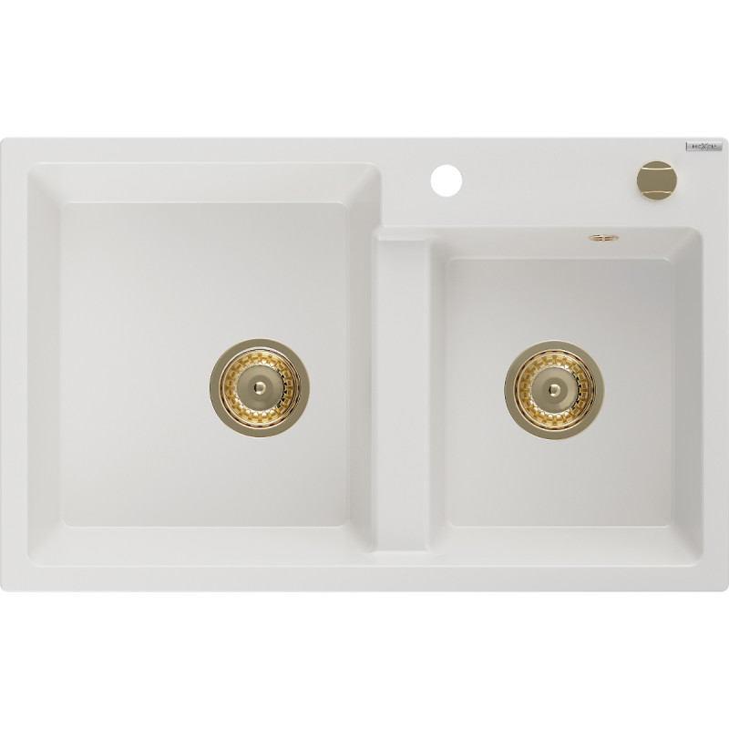 Mexen Tomas granitspüle 2-komor, 800 x 500 mm, weiß, goldener siphon - 6516802000-20-G
