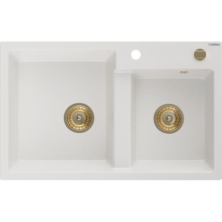 Mexen Tomas Granitspüle 2-Becken 800 x 500 mm, weiß, goldener Siphon - 6516802000-20-G