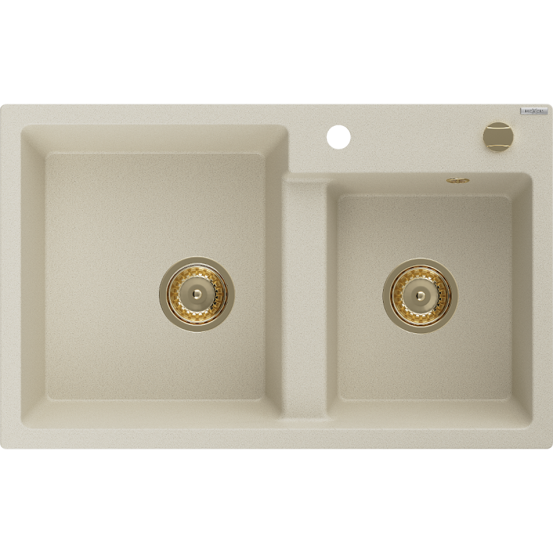 Mexen Tomas Granitspüle 2-Kammer 800 x 500 mm, beige, goldener Siphon - 6516802000-69-G